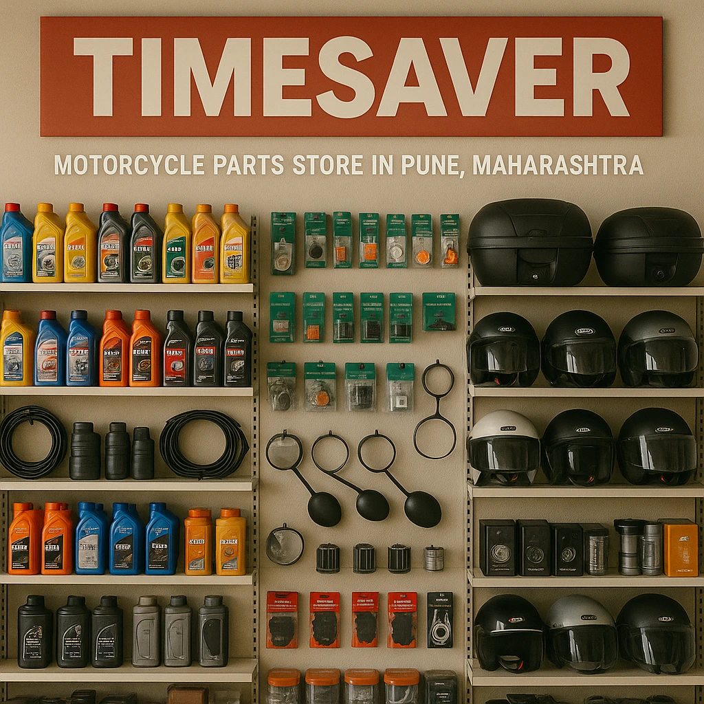 Display of motorcycle parts at Timesaver store